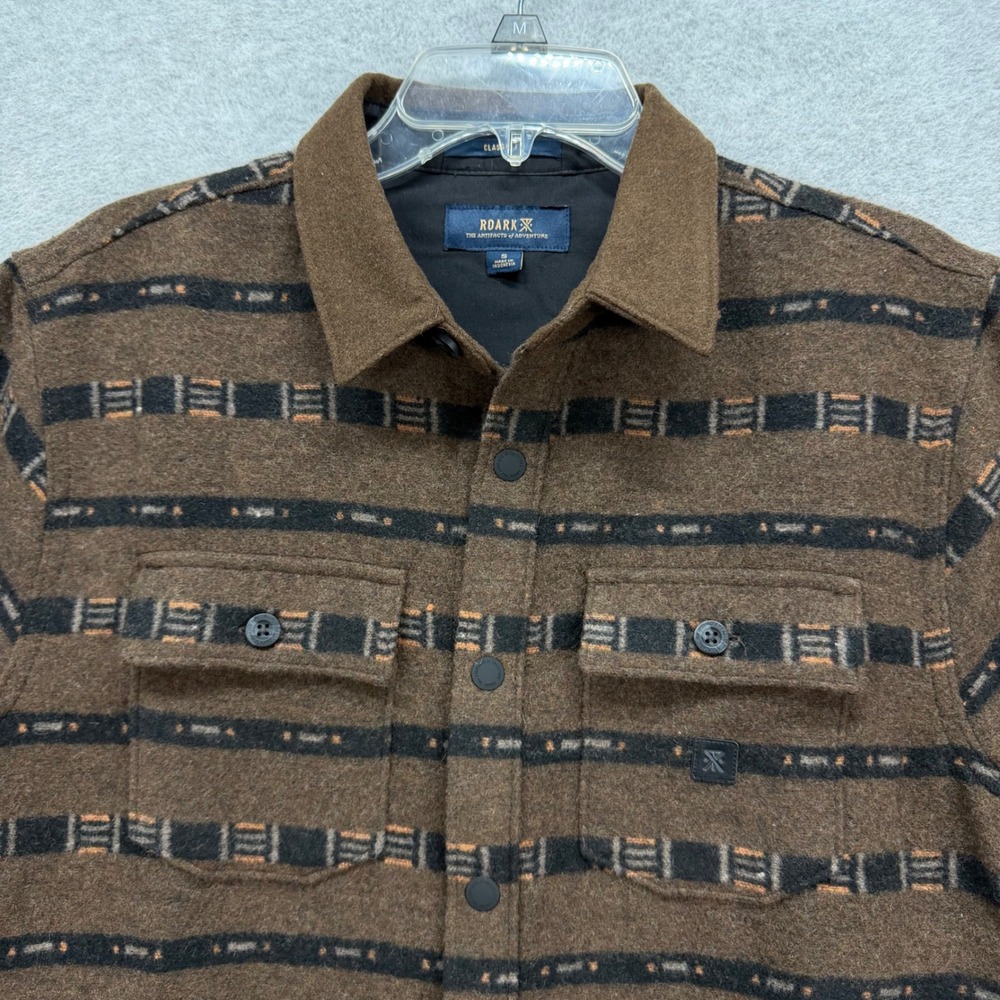 Roark Flannel Shirt Jacket Men Small Brown Aztec‎ Tribal Striped Wool Blend NEW - Picture 2 of 10